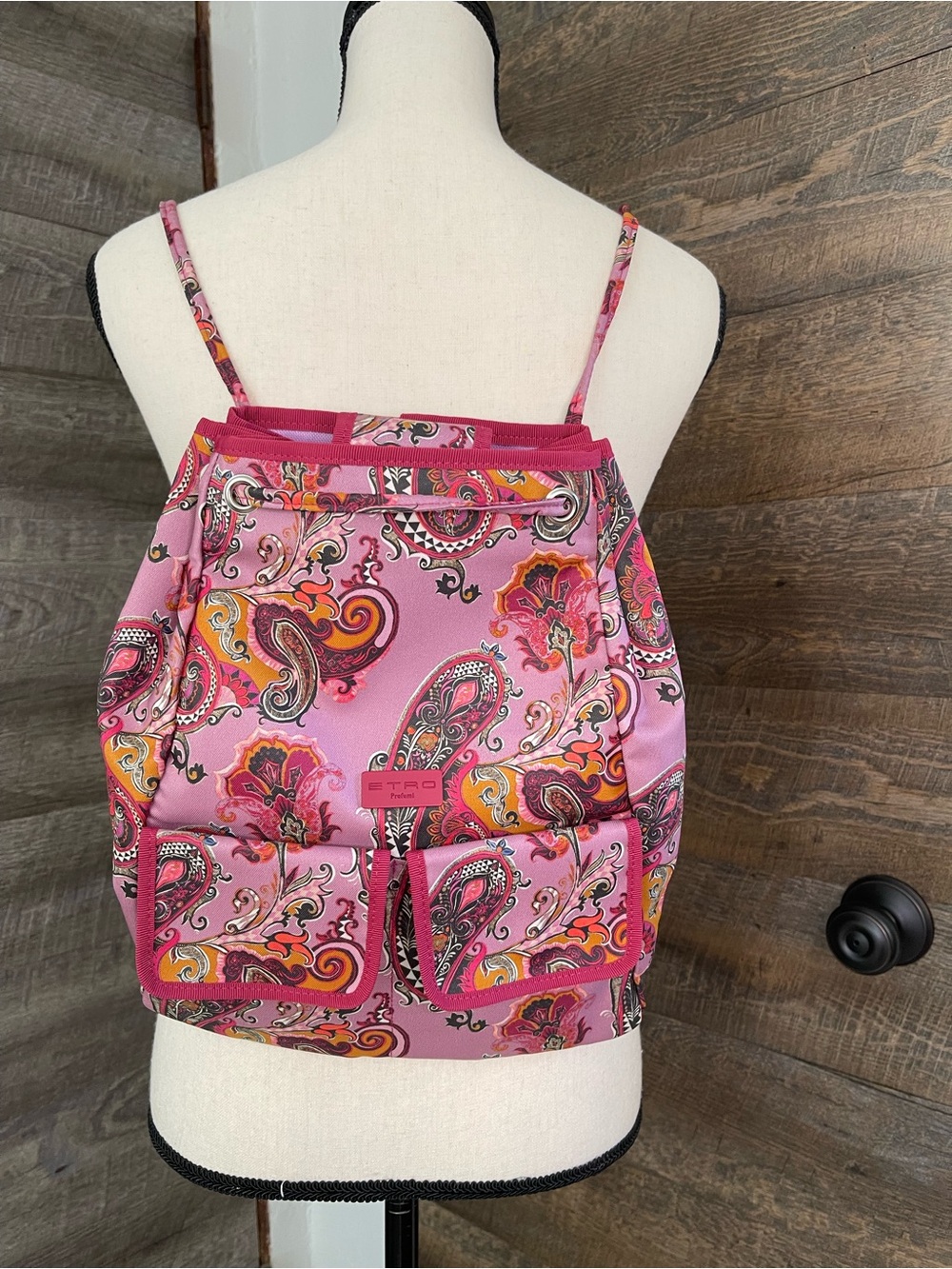 ✨ Etro Milano Pink, Red, Ochre, Multi Paisley Print Satin Backpack NWOT